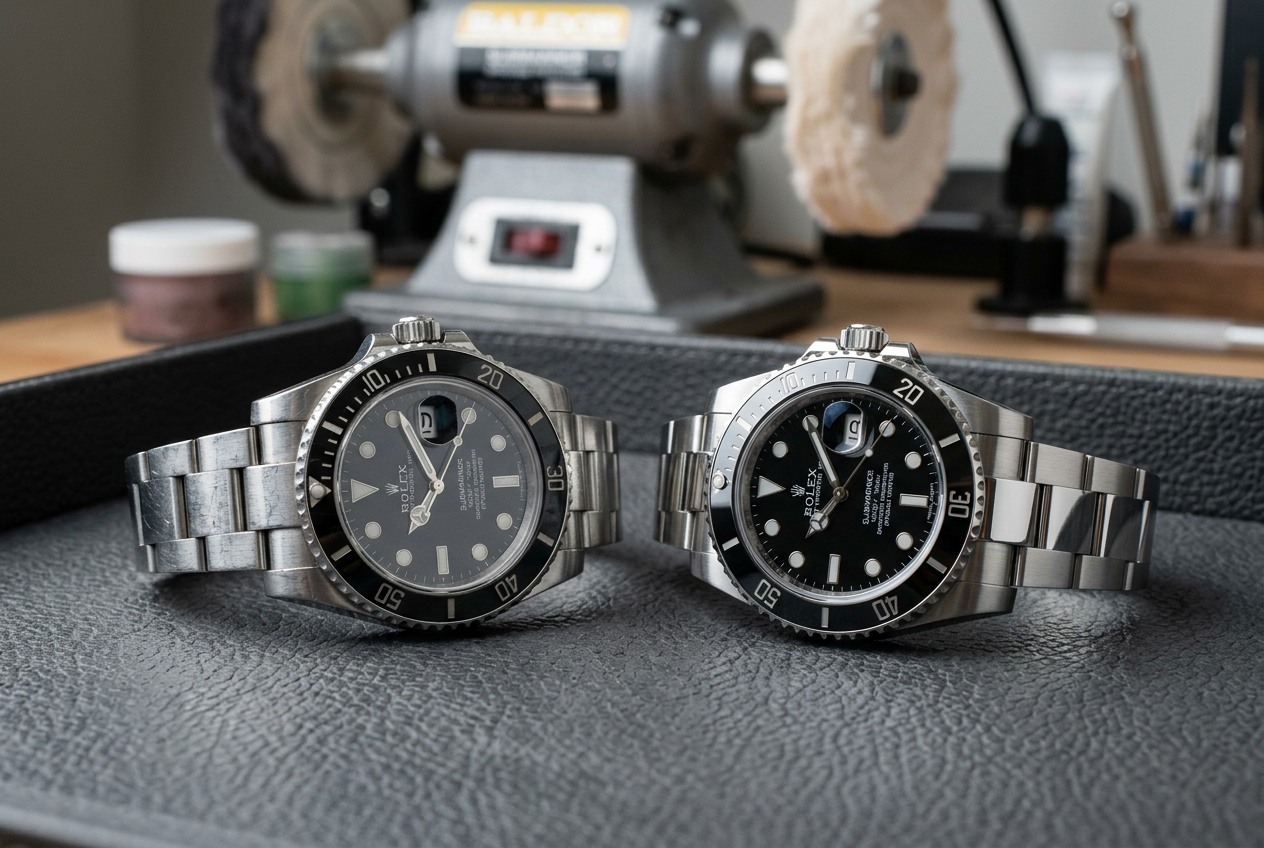 Scratched and refinished Rolex Submariner watches side by side, showing case edges and bracelet finishes.