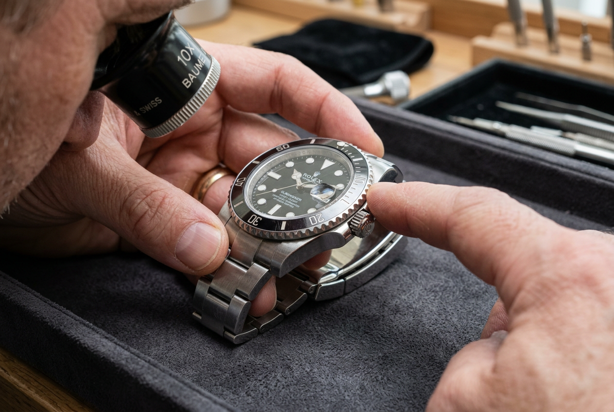 Dealer inspecting the case, bezel and bracelet of a pre-owned Rolex Submariner with a magnifying loupe.