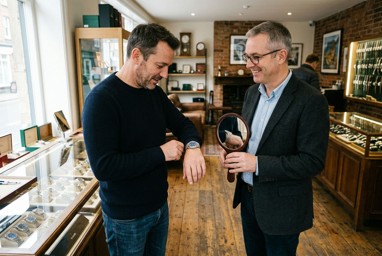 Male customer trying on a Rolex Datejust with help from an independent watch dealer.