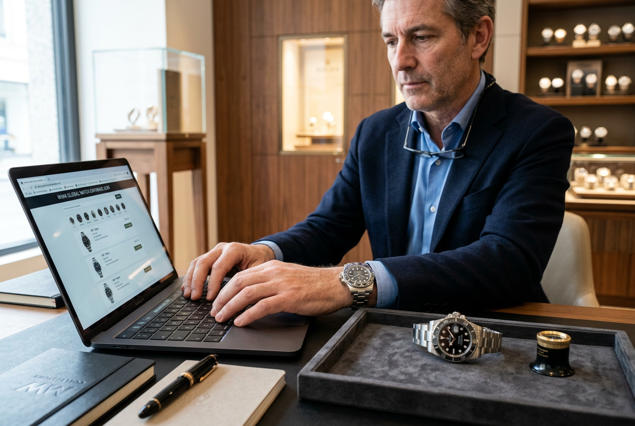 Male watch dealer checking a pre-owned Rolex against a stolen-watch database before purchase.