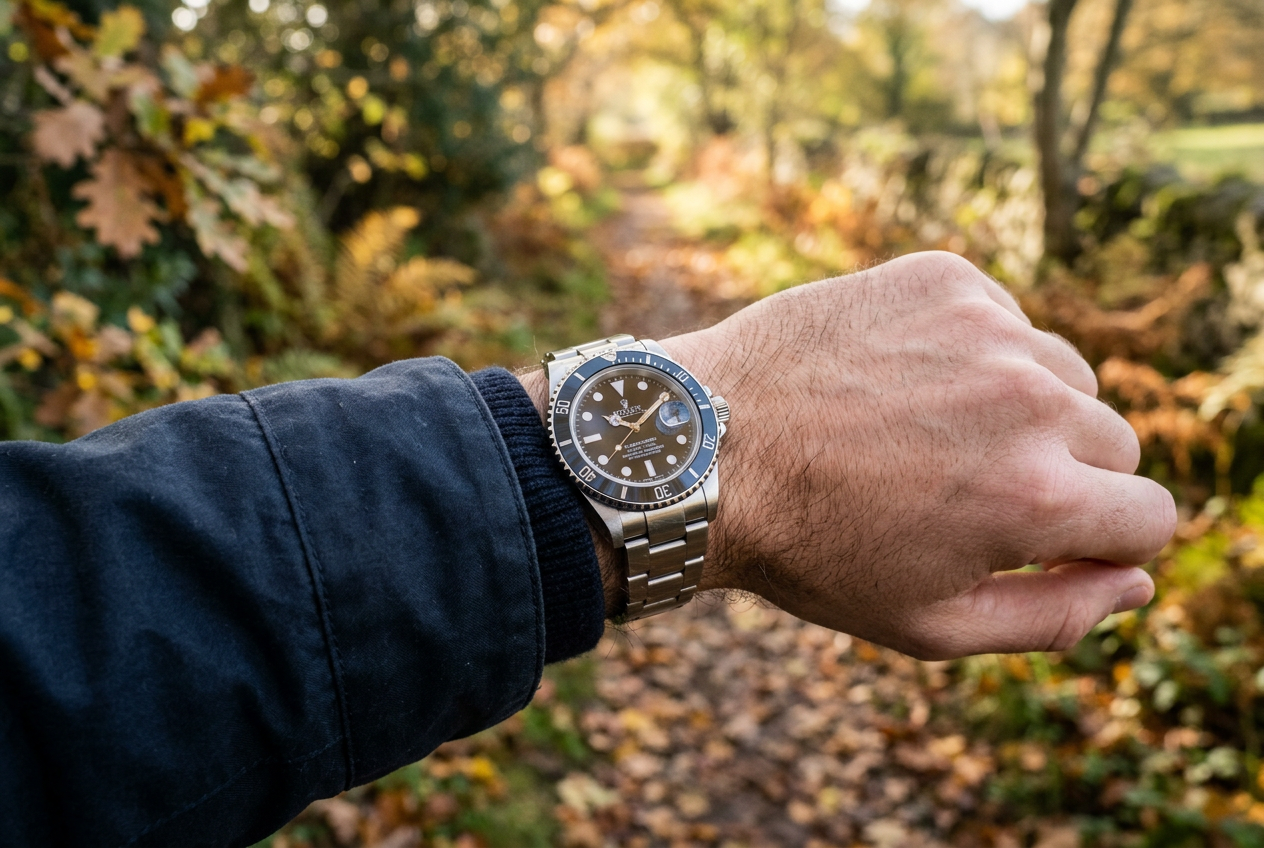Black-dial Rolex Submariner worn on a man’s wrist during a countryside walk, showing light everyday bracelet wear.