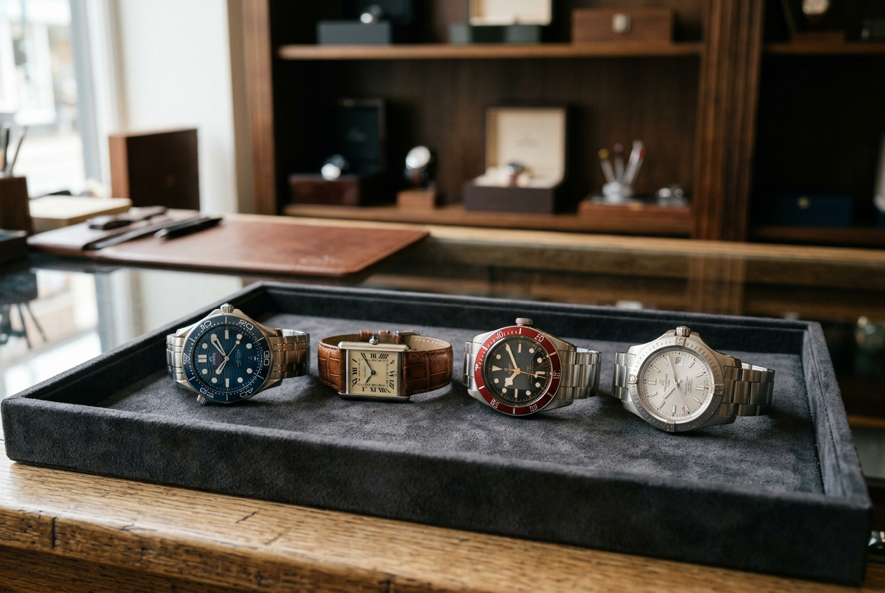 Alt text: Pre-owned Omega, Cartier, Tudor and Breitling watches arranged on a suede tray